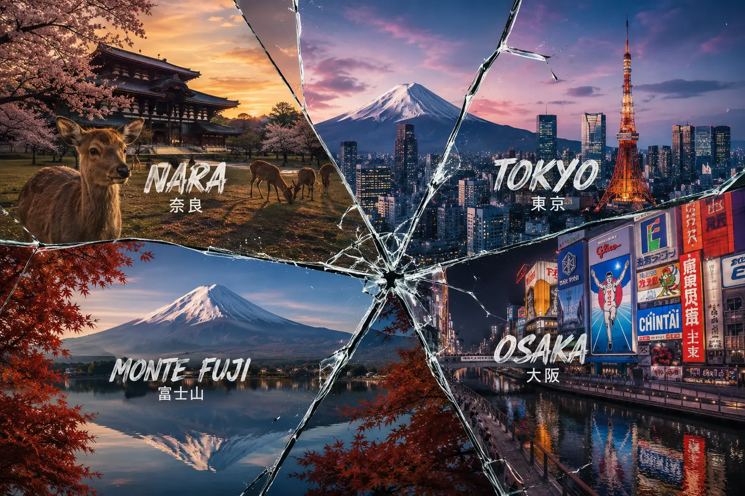 Colagem dos destinos da viagem: Nara, Tóquio, Monte Fuji e Osaka