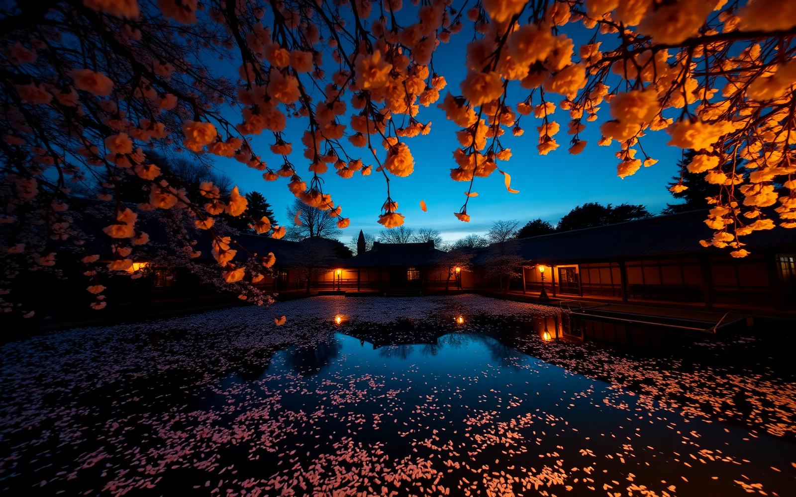 Pétalas de cerejeira sobre um jardim japonês histórico ao entardecer